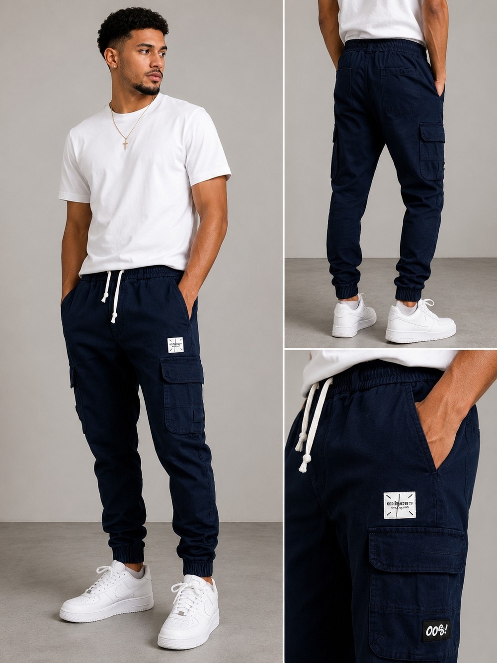 Men's Navy Cargo Jogger Pants with Drawstring Waist